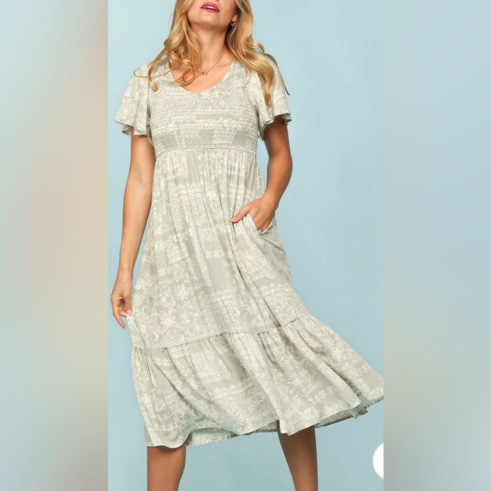 Mint Boho Smocking Fit Short Sleeve Midi Dress